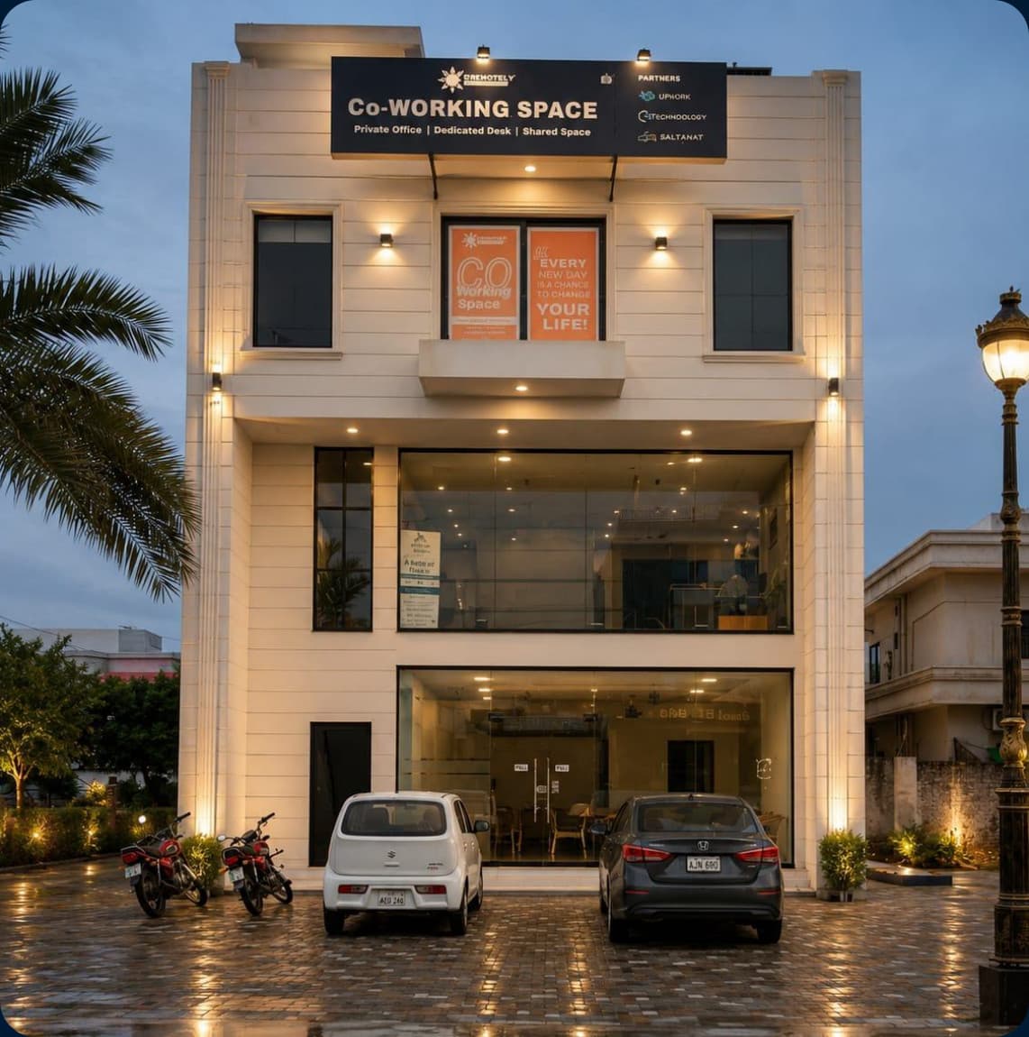 Co-Remotely's coworking building on Main Ferozepur Road, Lahore, lit at dusk