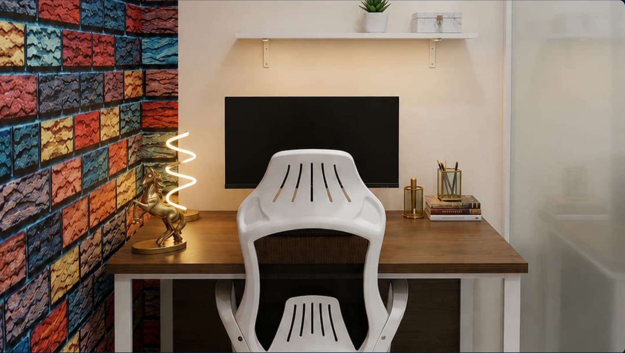 A hot desk at Co-Remotely against a colourful brick wall